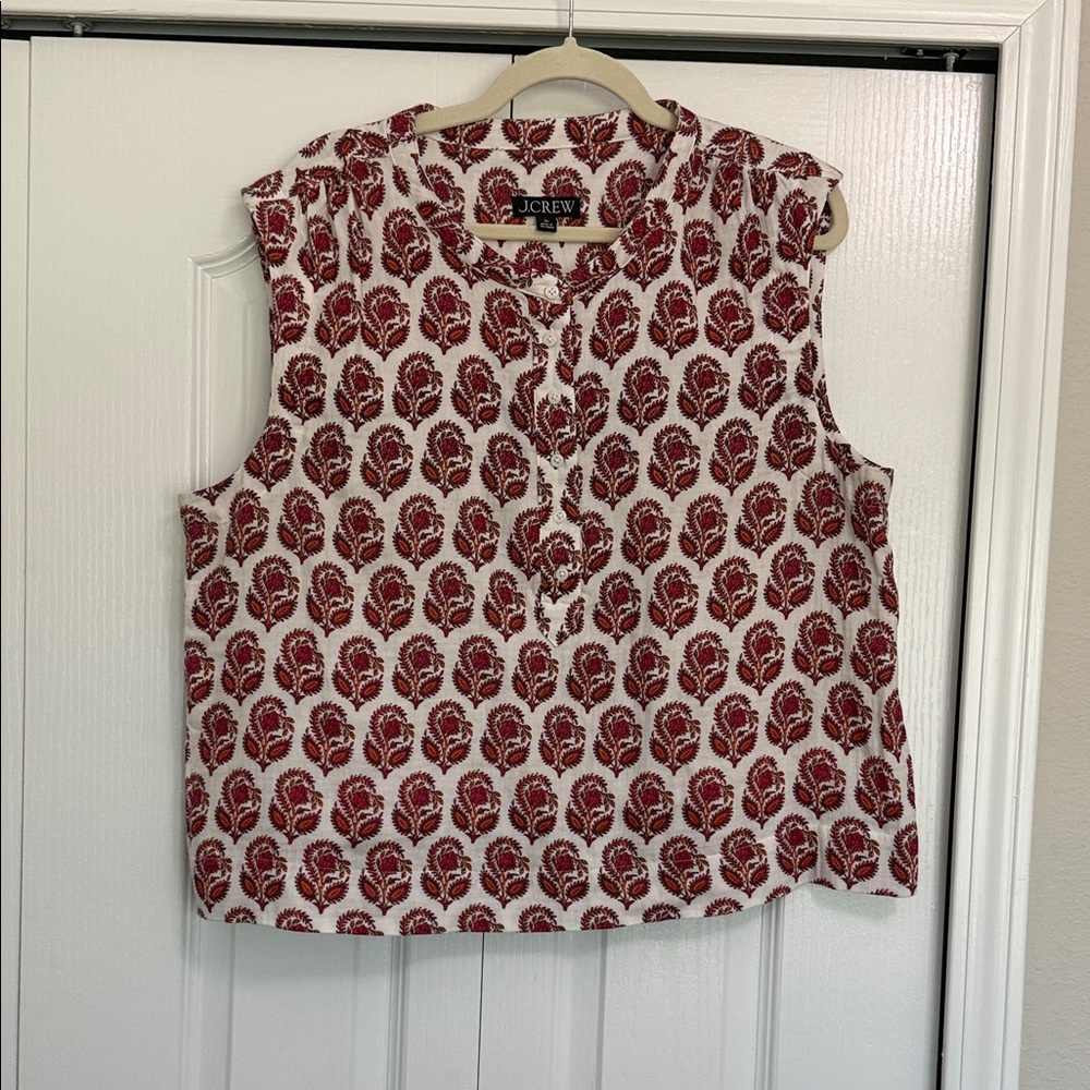 J. Crew Sleeveless Blouse with Red and Cream Leaf Pattern